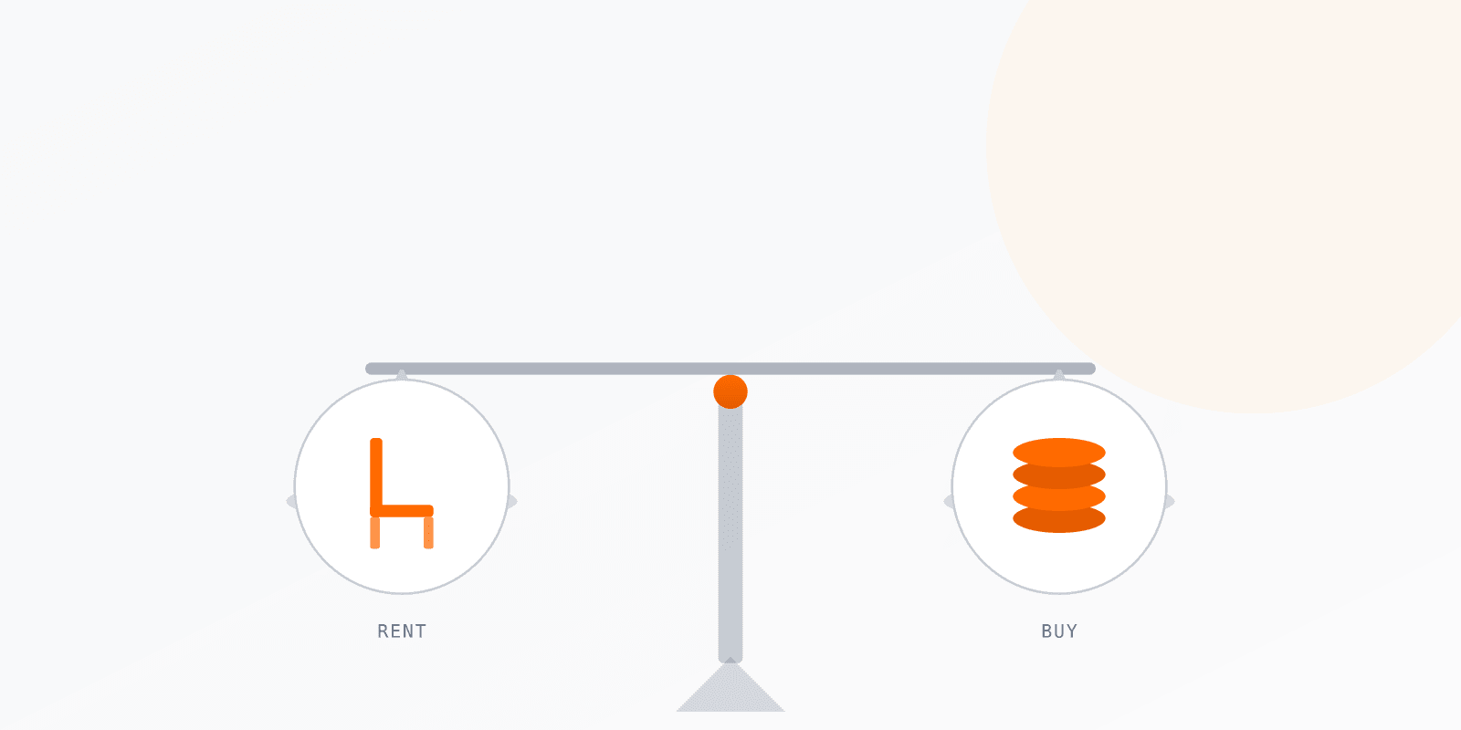 Illustration of a balance scale weighing a chair against a stack of coins, representing the rent-versus-buy decision